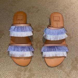 NEW Haya Fringe Two Band Demi Wedge Slide Sandals